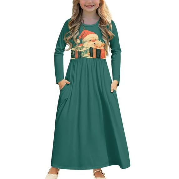 DISNIMO Green Christmas Girls Long Sleeve Dresses Size 11-12 Dress with Long Sleeves and Pockets for Kids Long Sleeve Mini Dress Casual Swing Dress Long Frocks for Kids Big Swing