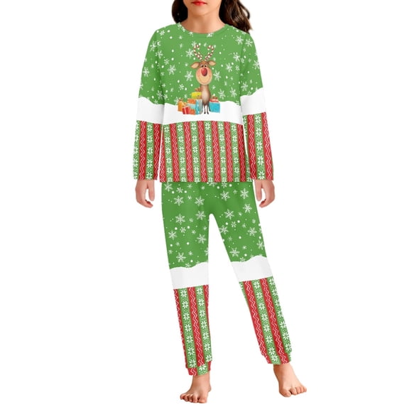 DISNIMO Green Christmas Reindeer Pajamas Kids 9-10 Girls 2 Piece Pajama Set Kids Pjs Girls Long Sleeve Pajamas Kids Pj Set Girls Kids Loungewear Set Girls Sleepwear Set