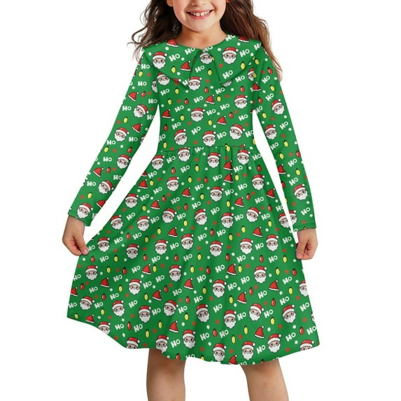 DISNIMO Green Christmas Santa Claus Dress for Girls 5-6 Birthday Party Dresses for Kids 5-6 Years Old Girl Dress with Collar Dresses for Kids Long Sleeve Dress Girls Collared Dress for Children