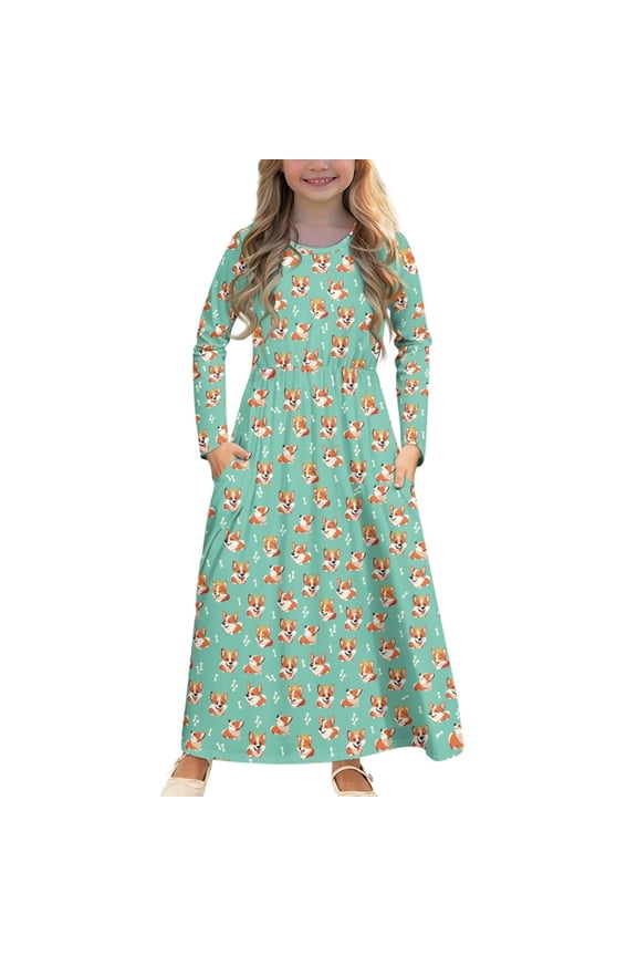 Green Corgi Dress for Kids Girls 9-10 Dresses Long Sleeve Elegant Dress for Kids Girls Fall Dress Long Sleeve Frock for Kids Swing Dance Dress Girls Cute Long Sleeve Dress