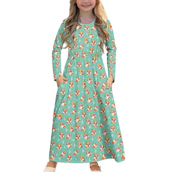 DISNIMO Green Corgi Dress for Kids Girls 9-10 Dresses Long Sleeve Elegant Dress for Kids Girls Fall Dress Long Sleeve Frock for Kids Swing Dance Dress Girls Cute Long Sleeve Dress