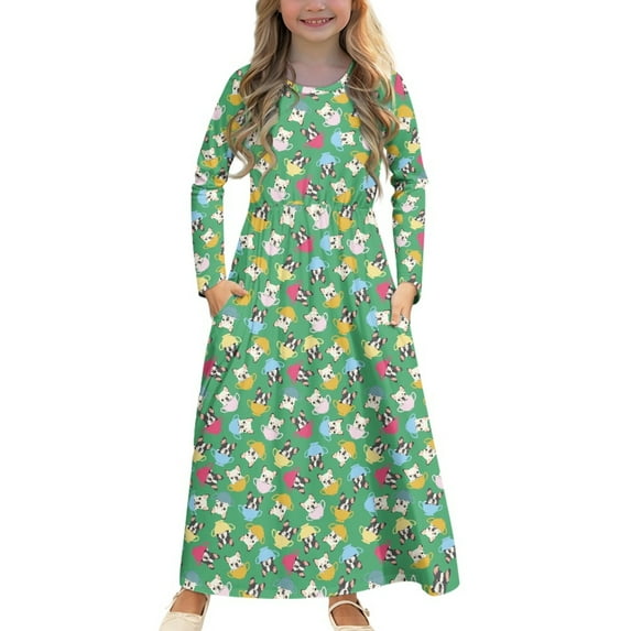 DISNIMO Green Dog Floral Dress with Sleeves for Kids Dress with Long Sleeves And Pockets Girls Dresses for 13-14 Year Old Girls Long Sleeve Swing Dress with Pockets Midi Dresses