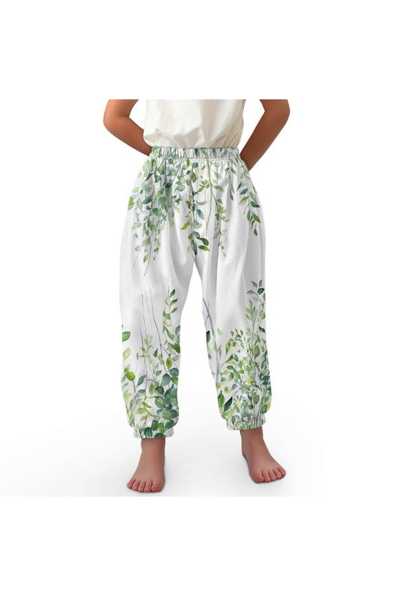 Green Leaf Harem Pants Girls Bloomer Harem Pants for Kids Lantern Pants for Girls Harem Bloomers Kids Baggy Pants Girls 8-12 Pants High Waisted Jogger Pants Loose Fit Sweatpants Girl Soft