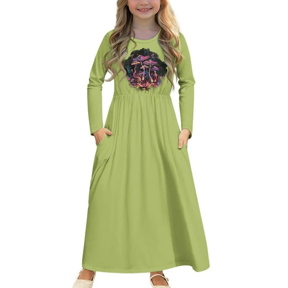 DISNIMO Green Mushroom Girls Dresses 9-10 Years Old for School Dresses for Girls Long Sleeve Dress with Pockets for Kids Crew Neck Dress Girls Soft Dress Long Sleeve Mini Dress Casual