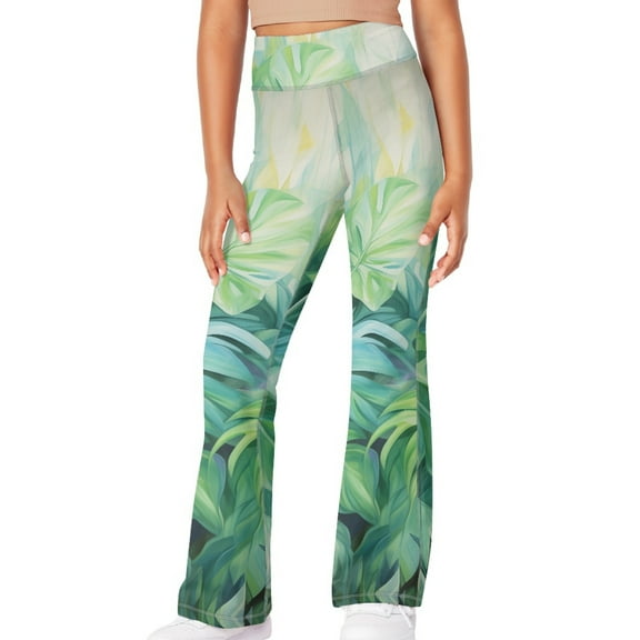 DISNIMO Green Palm Leaf Kids Bell Bottoms Pants for Girls 9-10 Flare Leggings Buttery Soft Yoga Pants Flare for Kids High Waisted Leggings Flare Work Girls Bell Bottoms Leggings