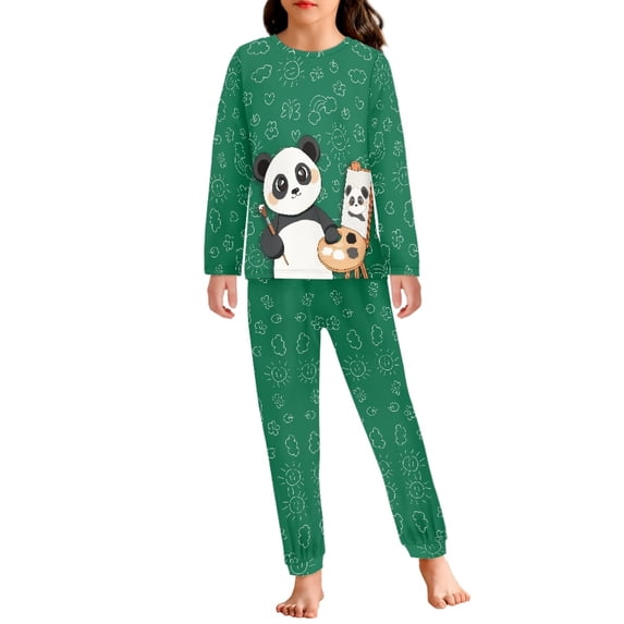 DISNIMO Green Panda Pajama Kids Size 9 for Girl Kids Matching Pajamas Boy and Girl Pajama 2 Pieces Set Long Sleeve Pajama Set for Girls Kids Crew Neck Pajama Set for Kids