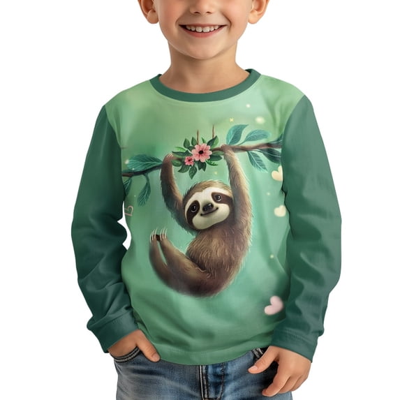 DISNIMO Green Sloth Shirt Kids Boys Shirts Long Sleeve Size 9-10 Girls Clothes Long Sleeve Shirts Crew Neck Top Girls Basic Tee Shirts Boys Tshirts Soft Tees Unisex Shirt Cute Outfits for Girls