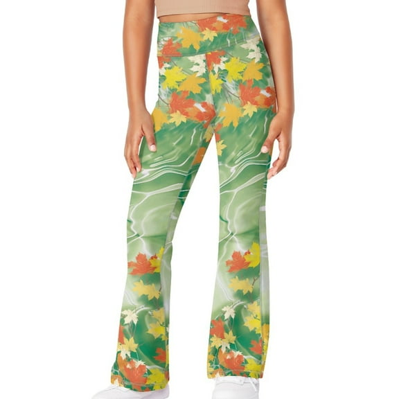 DISNIMO Green Thanksgiving Fall Girls Flare Leggings with Pockets High Waisted Bootcut Yoga Pants Kids Dance Bell Bottoms Leggings for Kids 7-8 Wide Leg Leggings with Pockets