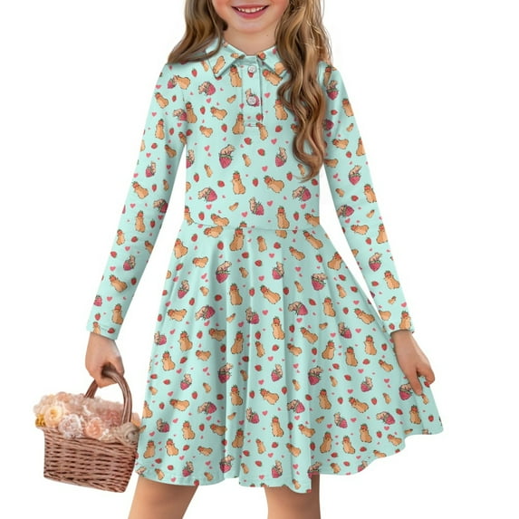 DISNIMO Guinea Pig Dress Girls Strawberry Dresses Kid School Dress for Girls Heart Midi Dress Long Sleeve Skater Dress Girl Clothes Size 11-12 Dresses with Collars for Girls Swing Dress Twirly Dress