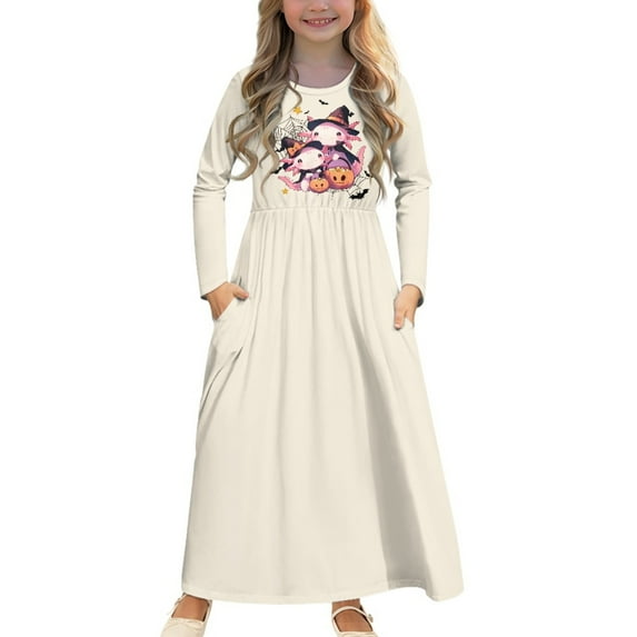 DISNIMO Halloween Axolotl Dress Long Sleeve Casual Long Dresses with Pockets for Kids Dress Girls Long Sleeve Dress Size 7-8 Girls Gresses Soft Swing Dress Long Sleeve