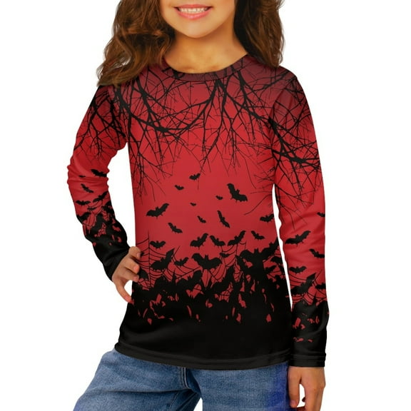 DISNIMO Halloween Bat Shirts for Kids Girls Long Sleeve Tshirt Kids Shirts Girls Size 5-6 Cute Long Sleeve Not Crop Top for School Shirt Crew Neck Soft T Shirt Kids Tops