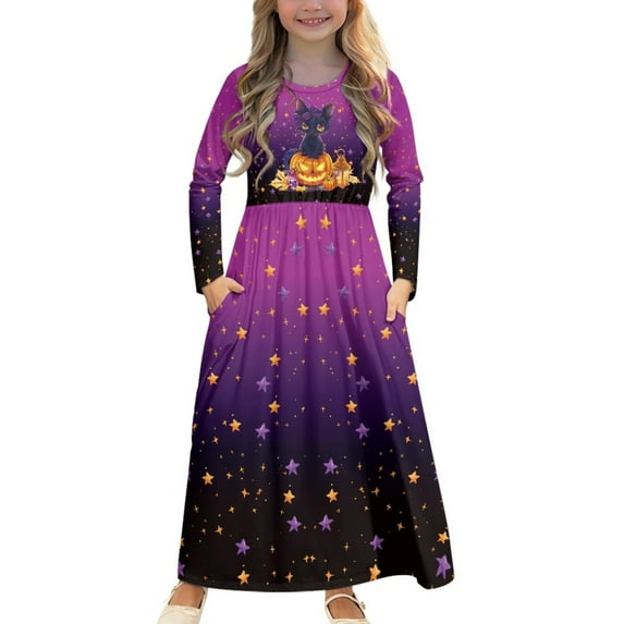 DISNIMO Halloween Black Cat Dresses for Girls 13-14 Long Sleeve Uniform Dress Girls Full Sleeve School Uniform Form Long Dress with Sleeves Casual Holiday Dresses