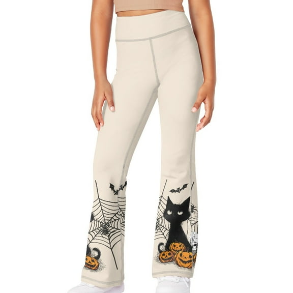 DISNIMO Halloween Black Cat Girls Bell Bottom Stretchy Knit Pants Fall Flare Ribbed Bootcut Leggings 5-6 Years Kids Yoga Pants for Girls Flare Leggings with 2 Pockets