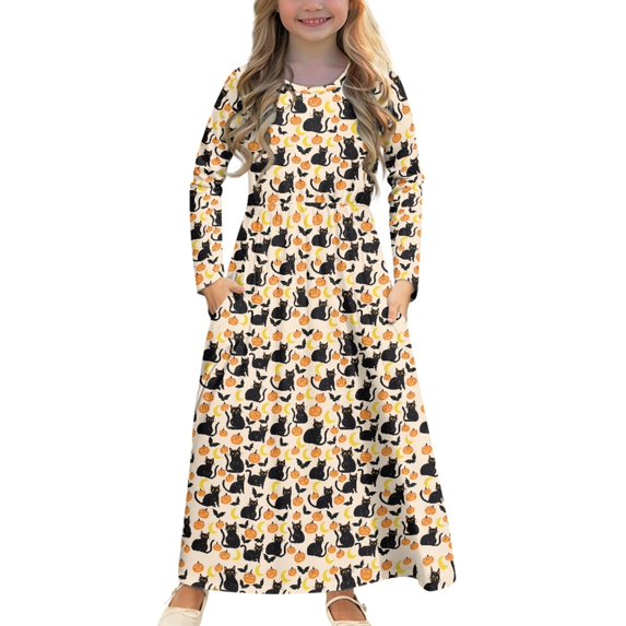 DISNIMO Halloween Blak Cat Long Sleeve Dress for Girls Dresses for Kids 9-10 for School Dresses for Girls Long Sleeve Mini Dress for Kids Swing Dress Long Sleeve Crew Neck Dress Pockets