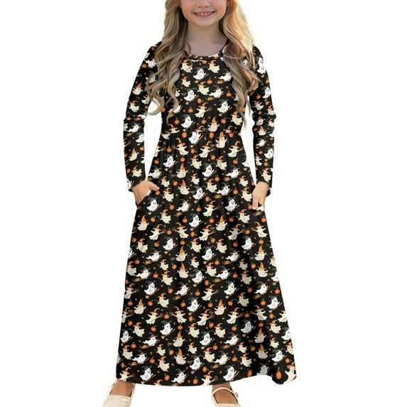 DISNIMO Halloween Ghost Girls Long Sleeve Dresses Kids Fall Winter Swing Twirl dress for kids size 13-14 Dress With Long Sleeves And Pockets Fall Floral Midi Dress