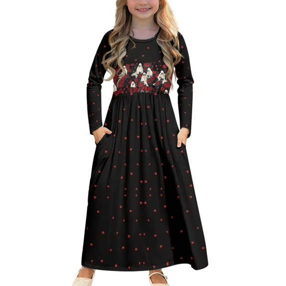 DISNIMO Halloween Ghost Long Sleeve Dress for Girls Dresses for Kids 5-6 for School Dresses for Girls Long Sleeve Mini Dress for Kids Swing Dress Long Sleeve Crew Neck Dress Pockets