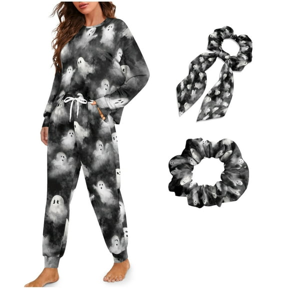 DISNIMO Halloween Ghost Print Womens Pajama Sets 4 Piece Pj Set with Hairband Long Sleeve Sleepwear with Long Pants Round Neck Loungewear Nightwear with Hair Band, 2XL