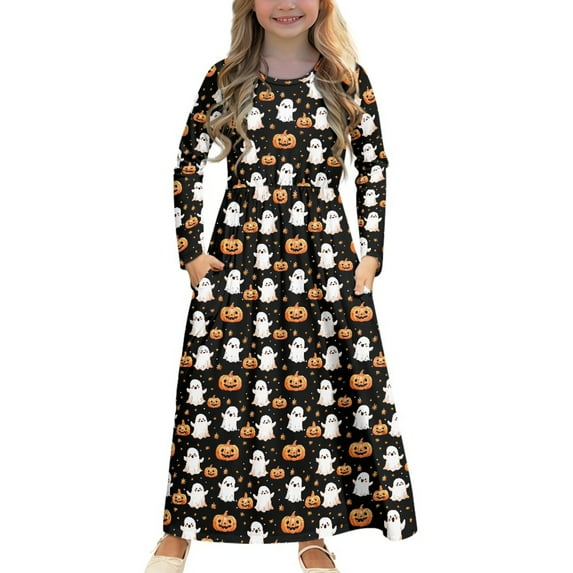 DISNIMO Halloween Ghost Pumpkin Dress With Long Sleeves and Pockets for Kids Long Sleeve Dresses for Girls Soft Dresses Size 13-14 Girls Frock Long Sleeve Swing Dress for Kids Midi Dress