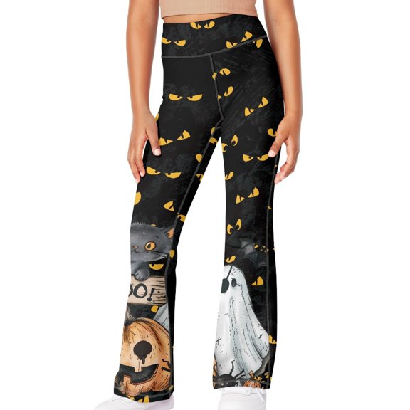 DISNIMO Halloween Ghost Pumpkin Girls Flare Leggings 9-10 Bootcut Yoga Pants for Kids High Waisted Bell Bottoms for Dance Yoga Pants for Kids Yoga Pants Flare with Pockets