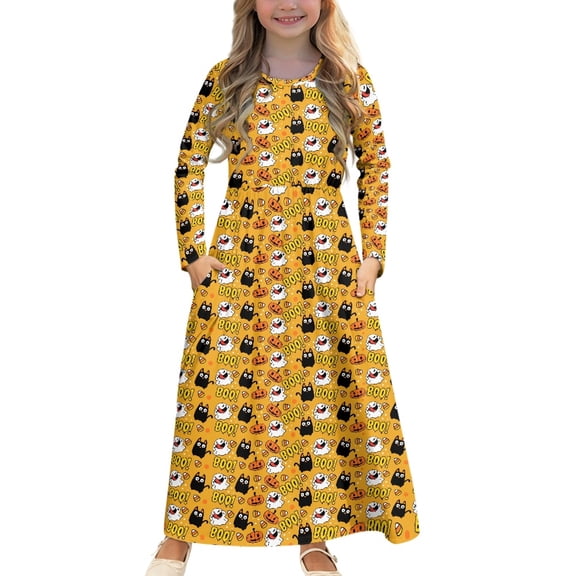 DISNIMO Halloween Ghosts Pumpkin Dress With Long Sleeves and Pockets for Kids Long Sleeve Dresses for Girls Soft Dresses Size 11-12 Girls Frock Long Sleeve Swing Dress for Kids Midi Dress
