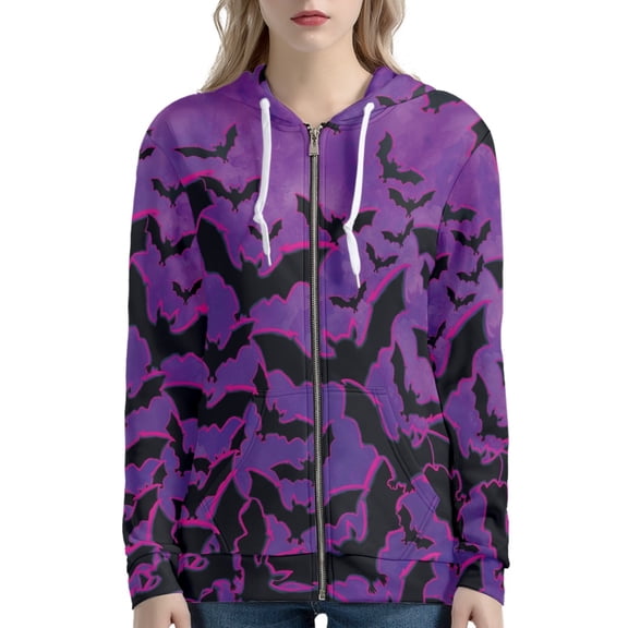 DISNIMO Halloween Hoodies for Women Bat Printed Hooded Sweatshirts Zip Up Jacket Coat Long Sleeve Hoodies with Pockets, 5XL