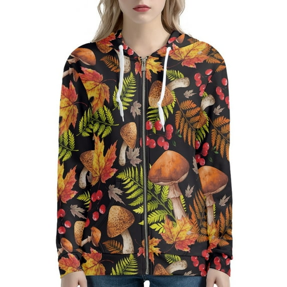 DISNIMO Halloween Hoodies for Women Mushroom Maple Leaves Printed Jacket Coat Zip Up Hooded Sweatshirts with Pockets, 3XL