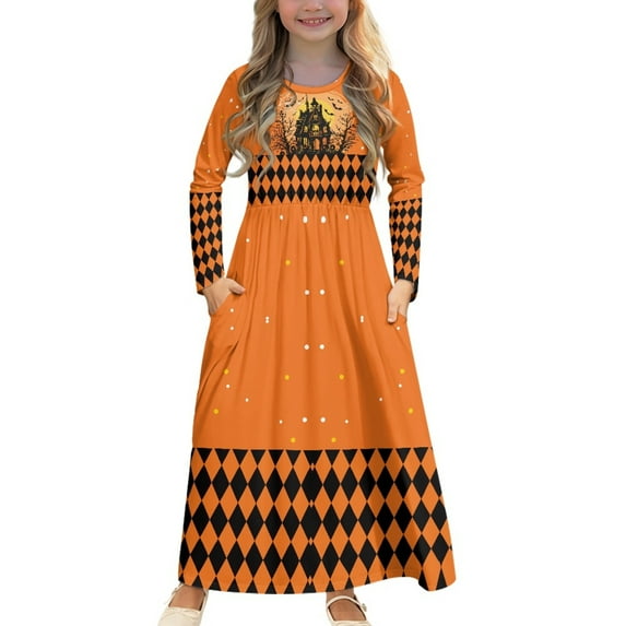 DISNIMO Halloween Orange Long Sleeve Dress for Kids Dresses for Girls 11-12 Long Sleeve Girls Dress with Pockets Kids Swing Dress Long Sleeve for Kids Midi Dress Fall Crew Neck Dress