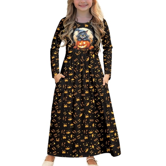 DISNIMO Halloween Pumpkin Black Cat Kids Dress Long Sleeve Elegant for Kids Long Dresses for Girls 13-14 Dresses for Kids Swing Dress with Pockets Long Soft Dress for Kids Frocks Girls