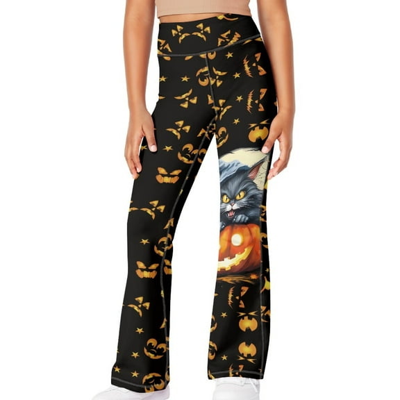 DISNIMO Halloween Pumpkin Cat Flare Leggings for Girls 9-10 Long Yoga Pants for Girls Kids Bell Bottoms Pants for Kids Flare Pants Girls Dance Pants Kids Yoga Pants Flare with Pockets