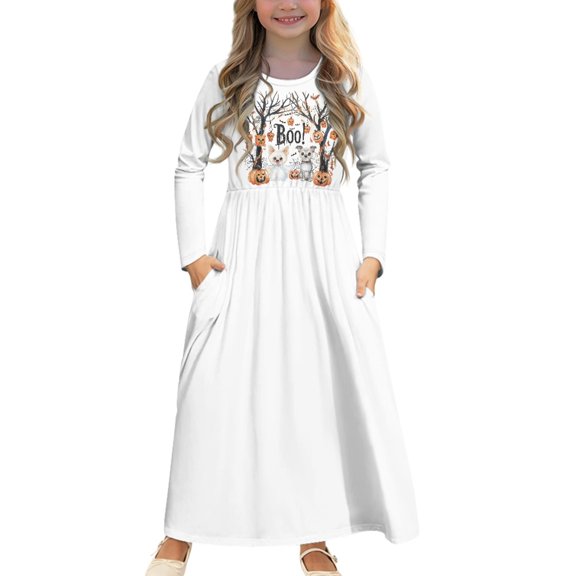 DISNIMO Halloween Pumpkin CatGirls Long Sleeve Dresses Size 5-6 Long Sleeve Dress for Kids Cute Dresses for Middle School Dance Girls Long Sleeve Swing Dress with Pockets Soft Midi Dress