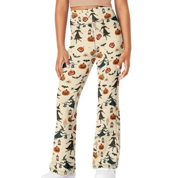 DISNIMO Halloween Pumpkin Flare Leggings Long with Pockets Kids Black Leggings Bell Bottoms Kids 13-14 Girls Flare Yoga Pants High Waisted Kids Polyester Bell Bottom Leggings for Girls