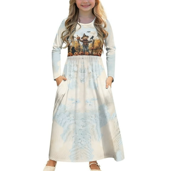 DISNIMO Halloween Pumpkin Girls Evening Dresses Size 9-10 Long Sleeve Dress for Girls Dress Long Sleeve Swing Dress with Pockets for Kids Long Dresses Long Sleeve for Girls Twirl Skater