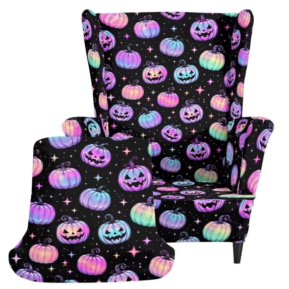 DISNIMO Halloween Pumpkin Print 2 Piece Wingback Chair Covers Slipcover Stretch Soft Wing Armchair Slipcovers Non Slip Armchair Furniture Protector with Elastic Bottom for Living Room