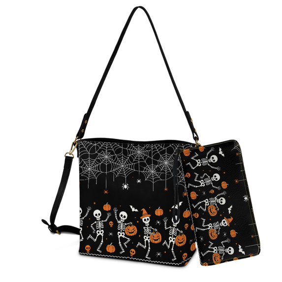 DISNIMO Halloween Skeleton Pumpkin Print 2 Piece Clutch Purse for Women, PU Leather Crossbody Purse Wallet Sets for Women with Adjustable Strap Handbags for Travel