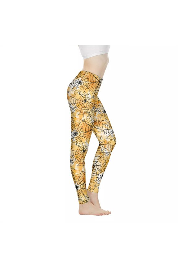 Halloween Spider Web Printed Workout Yoga Pants for Women, Stretch High Waisted Workout Leggings Tummy Control, Soft Yoga Pants Leggings for Workout Sport, Orange, 3XL