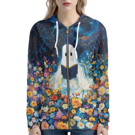 DISNIMO Halloween Zip Up Hoodies for Women Ghost Floral Printed Hooded Sweatshirts Long Sleeve Jacket Coat Casual Hoodies with Pockets, S