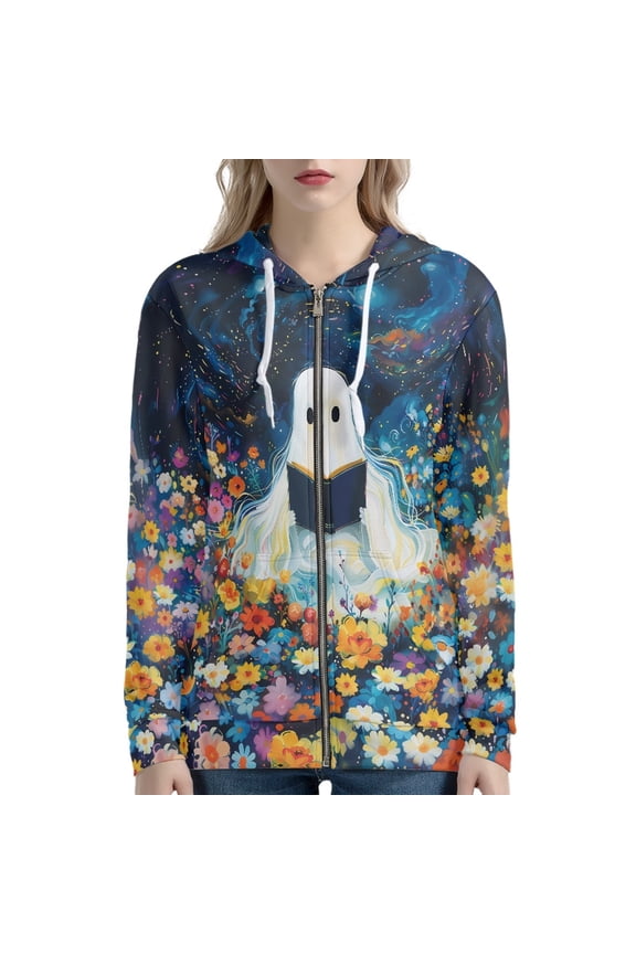 Halloween Zip Up Hoodies for Women Ghost Floral Printed Hooded Sweatshirts Long Sleeve Jacket Coat Casual Hoodies with Pockets, XS