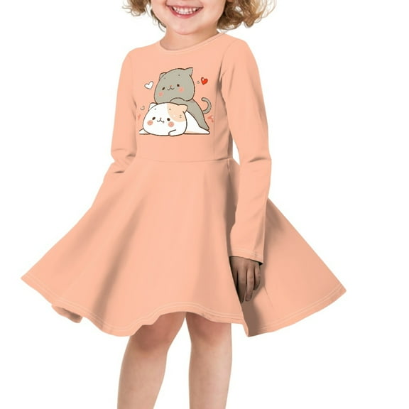 DISNIMO Heart Cat Dress Kids Long Sleeve Dresses 5-6 Girl Dresses Casual Midi Dress Girls Fall Dress Midi Dresses for Girls Skater Dress Long Sleeve Holiday Dress Girls Swing Dress Children