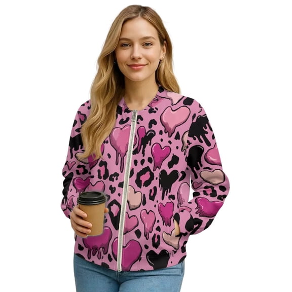 DISNIMO Heart Printed Jackets for Women Casual Sweatshirts Long Sleeve Outwear Zip Up Sweatshirt Jacket with Pockets, L