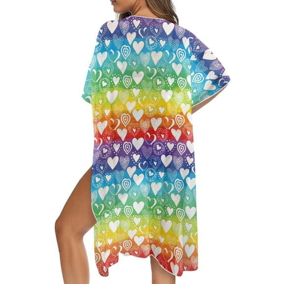DISNIMO Heart Rainbow Stripe Print Women's Swimsuit Coverups Long Kimono Beach Swimsuit Cover up Casual Loose Summer Bikini Cover Up for Vacation