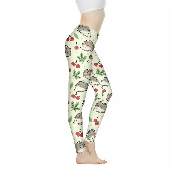 DISNIMO Hedgehog Cherry Printed High Waisted Leggings for Women, Casual Yoga Pants Leggings Tummy Control Soft Workout Leggings for Running Cycling, White, XS