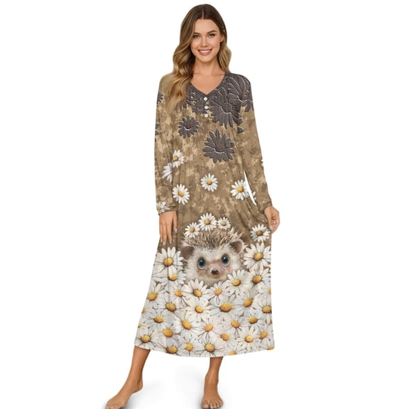 DISNIMO Hedgehog Daisy Printed Nightgown for Women Sleepwear V Neck Night Gowns Button Front Sleepshirts Full Length Nightshirts Long Soft Ladies Sleep Shirt, 3XL
