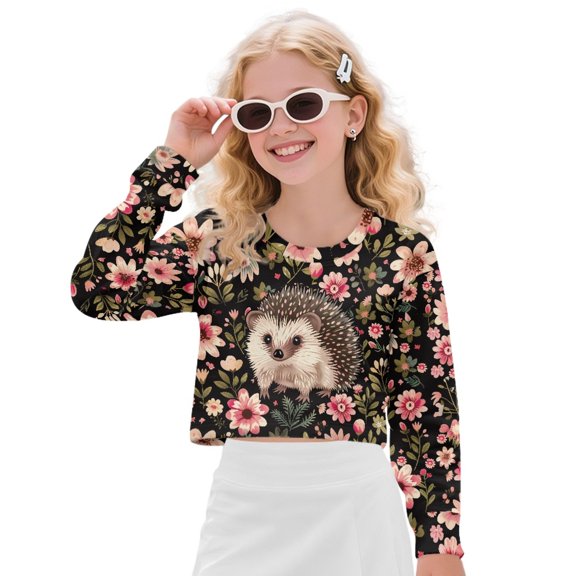 DISNIMO Hedgehog Flower Printed Girl's Crop Tops Long Sleeve Tee T Shirts Round Neck Cropped Sweatshirts Fall Fashion Pullover Tops