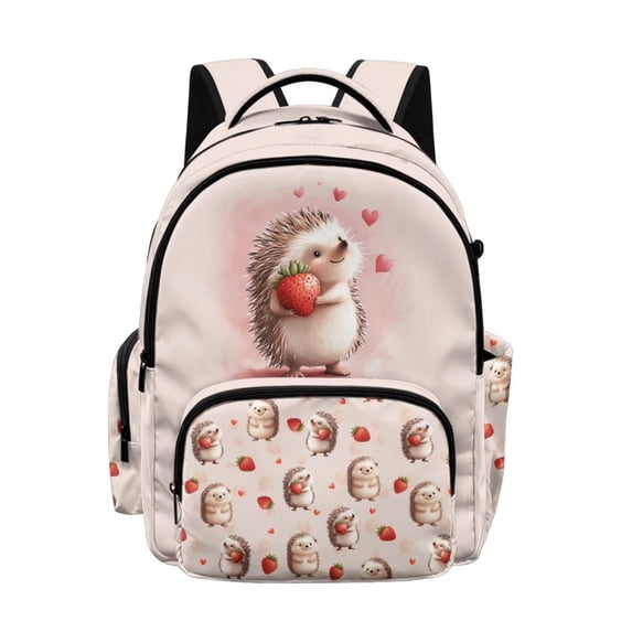 DISNIMO Hedgehog Strawberry Printed Backpack for Girls 17 Inch School Bags with Multiple Pockets for Kindergarten Elementary Students Lightweight Large School Backpack