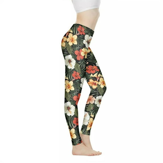 DISNIMO Hibiscus Flowers Printed High Waisted Leggings for Women, Soft Yoga Pants Leggings Stretch Workout Leggings for Yoga Gym, Multicolor, XS