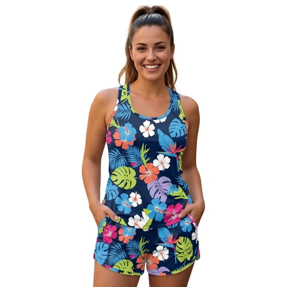 DISNIMO Hibiscus Flowers Printed Womens Tankini Swimsuits Two Piece Bathing Suits Monstera Athletic Swimwear Tummy Control Swim Tank Top with Shorts, 5XL