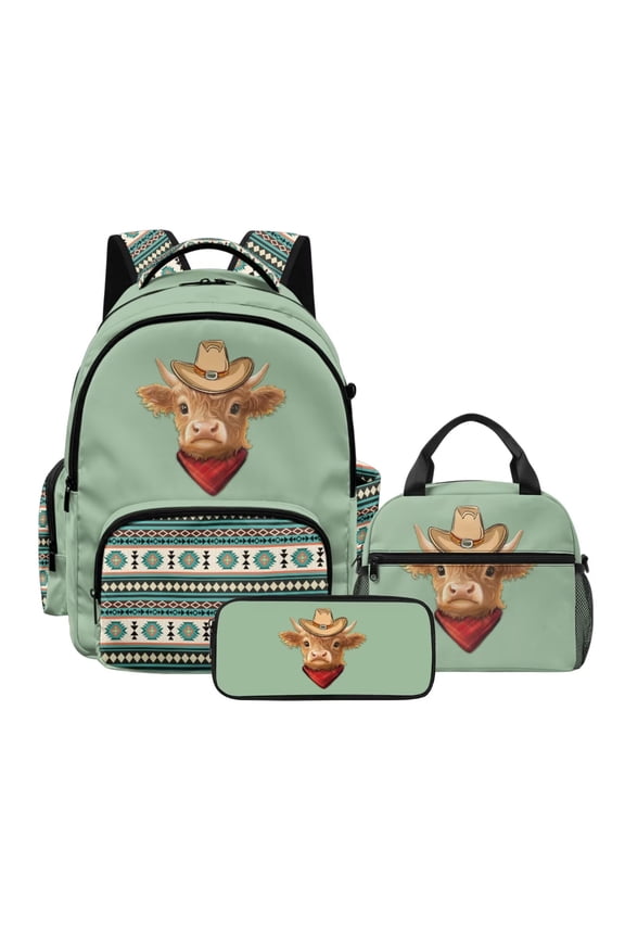 Highland Cattle Aztec Printed Backpack for School Boys, 3Pcs School Backpack with Lunch Bag & Pencil Pouch, Primary Middle Students Bookbag Travel Daypack, Back to School Supplies