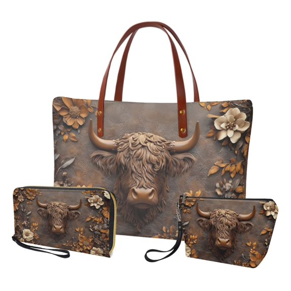 DISNIMO Highland Cattle Print Handbag Set Retro Flower Print Tote Bag with Matching Wallet Top Handle Handbag with Cosmetic Bag for Daily Use