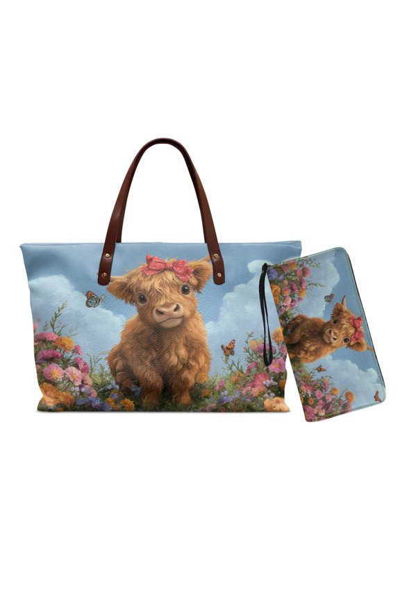 Highland Cattle Print Handbag Set of 2 Women's Large Handbag and Wallet Set Large Leather Satchel Shoulder Bag for Daily Use