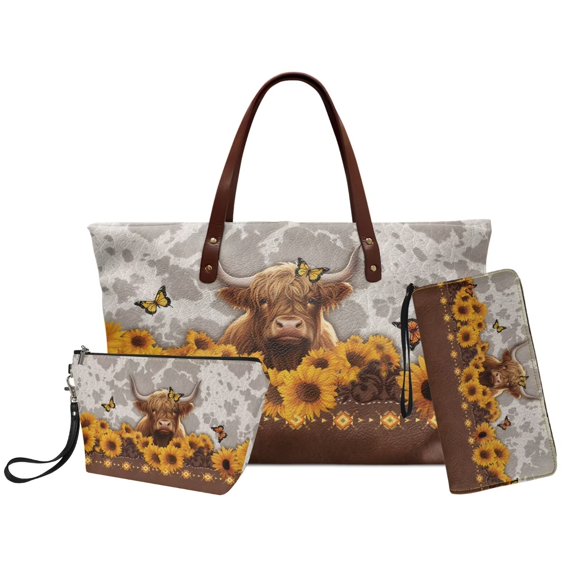 DISNIMO Highland Cattle Print Handbag Wallet Set Sunflower Butterfly Print Tote Satchel Handbag Fashion Leather Satchel Shoulder Bag with Makeup Pouch